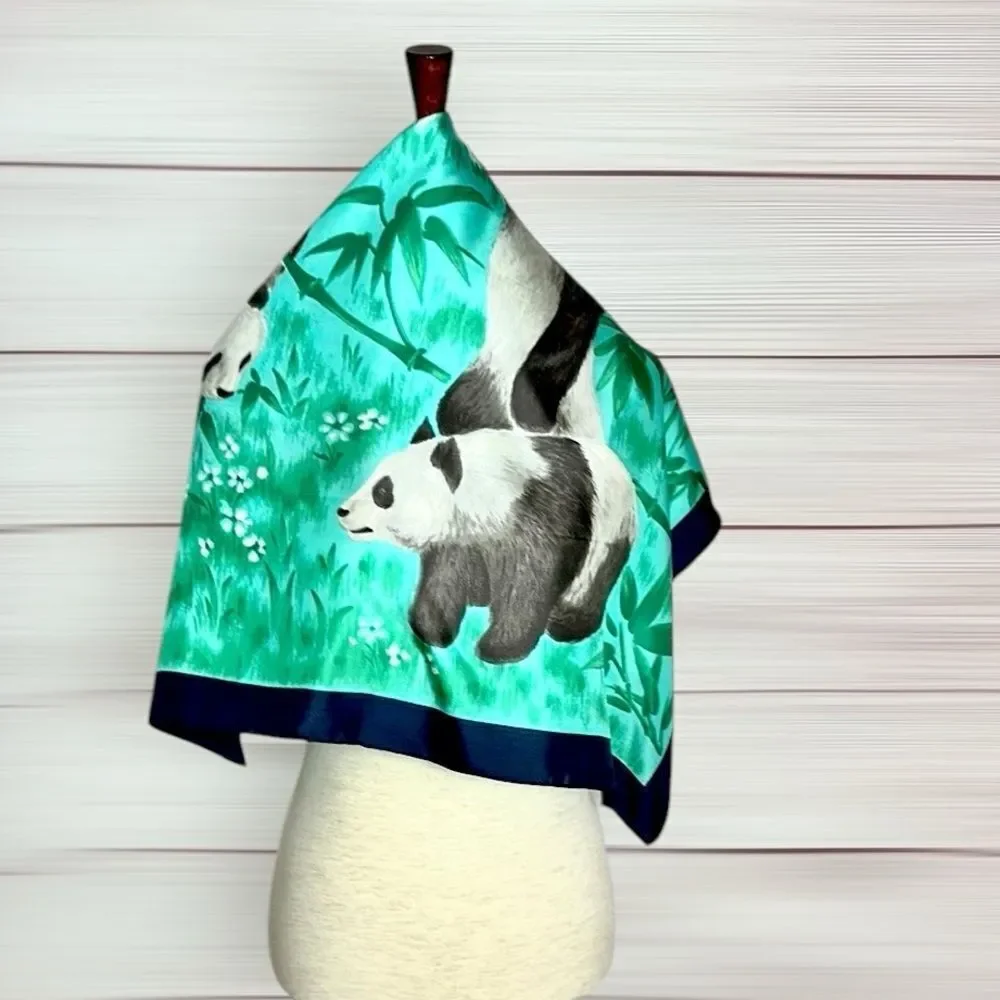 NWOT Silk Triangle Brand Scarf Panda Print Hand Rolled and Printed 29” Square